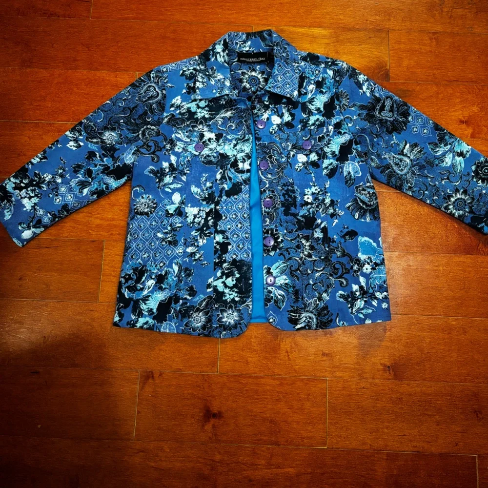 Vintage Blue Floral Jacket Blazer Soft Surroundings Style Artsy Boho SMALL
